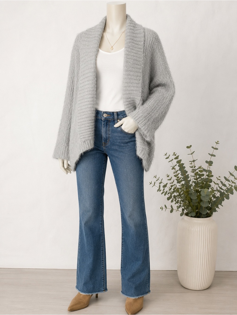 Express Gray Fuzzy Knit Open-Front Cardigan